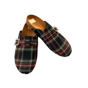 Gianni Bini Mules Holiday Plaid Red & Green Jeweled Buckle Slip On Size 12